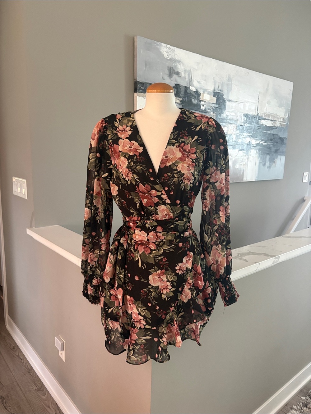 Dress Forum Black Wrap Mini Dress with Pink Floral Print